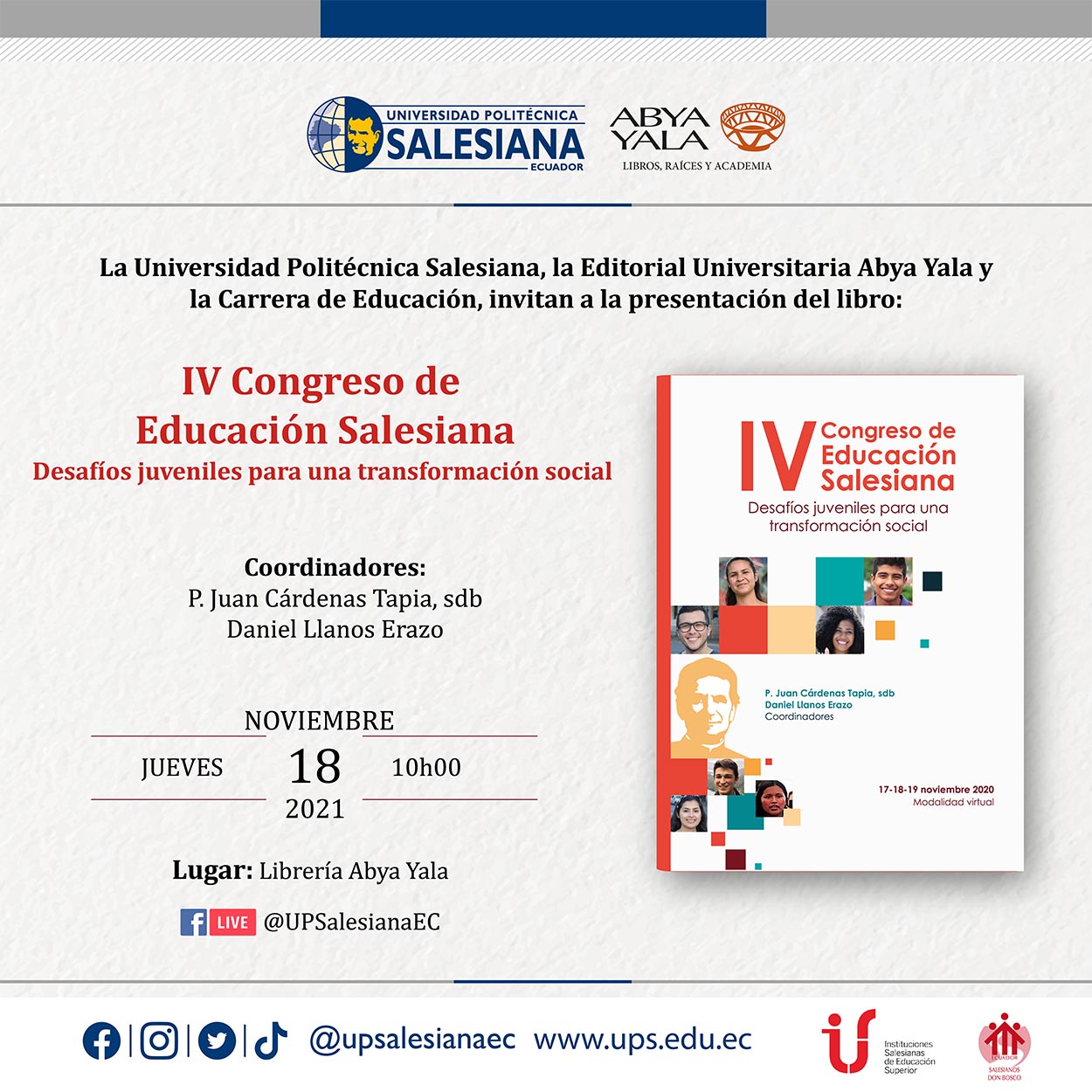 Afiche promocional de la Presentación del libro: IV Congreso de Educación Salesiana