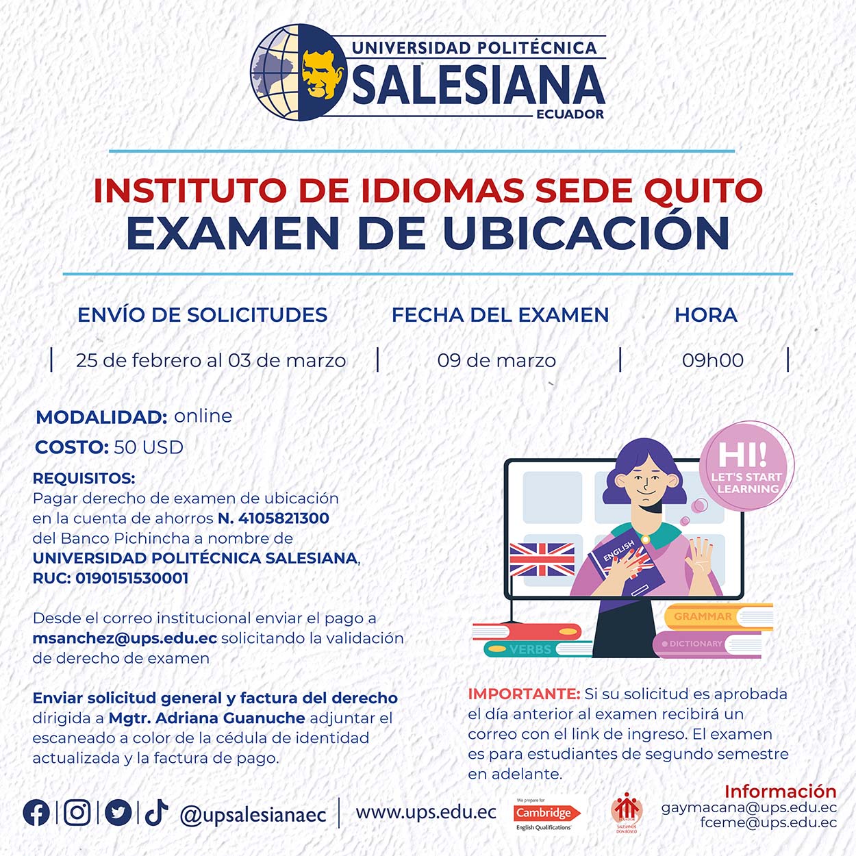 Afiche promocional del Examen de ubicación de inglés - sede Quito