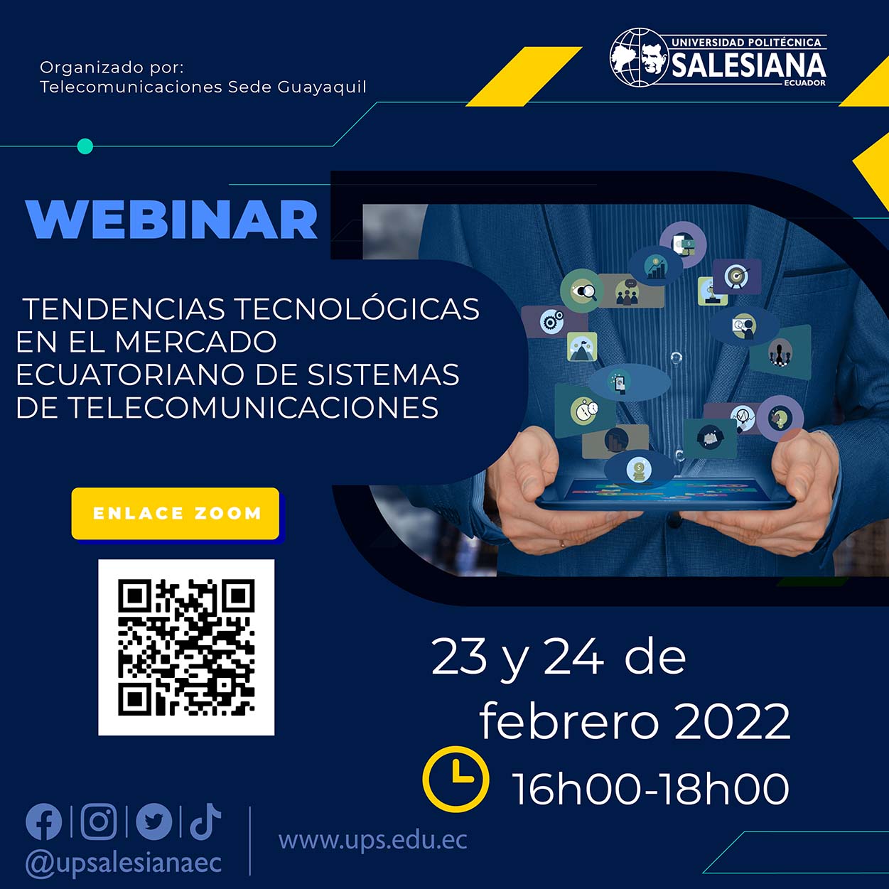 Afiche del Webinar: Tendencias tecnológicas en el mercado ecuatoriano de sistemas de Telecomunicaciones