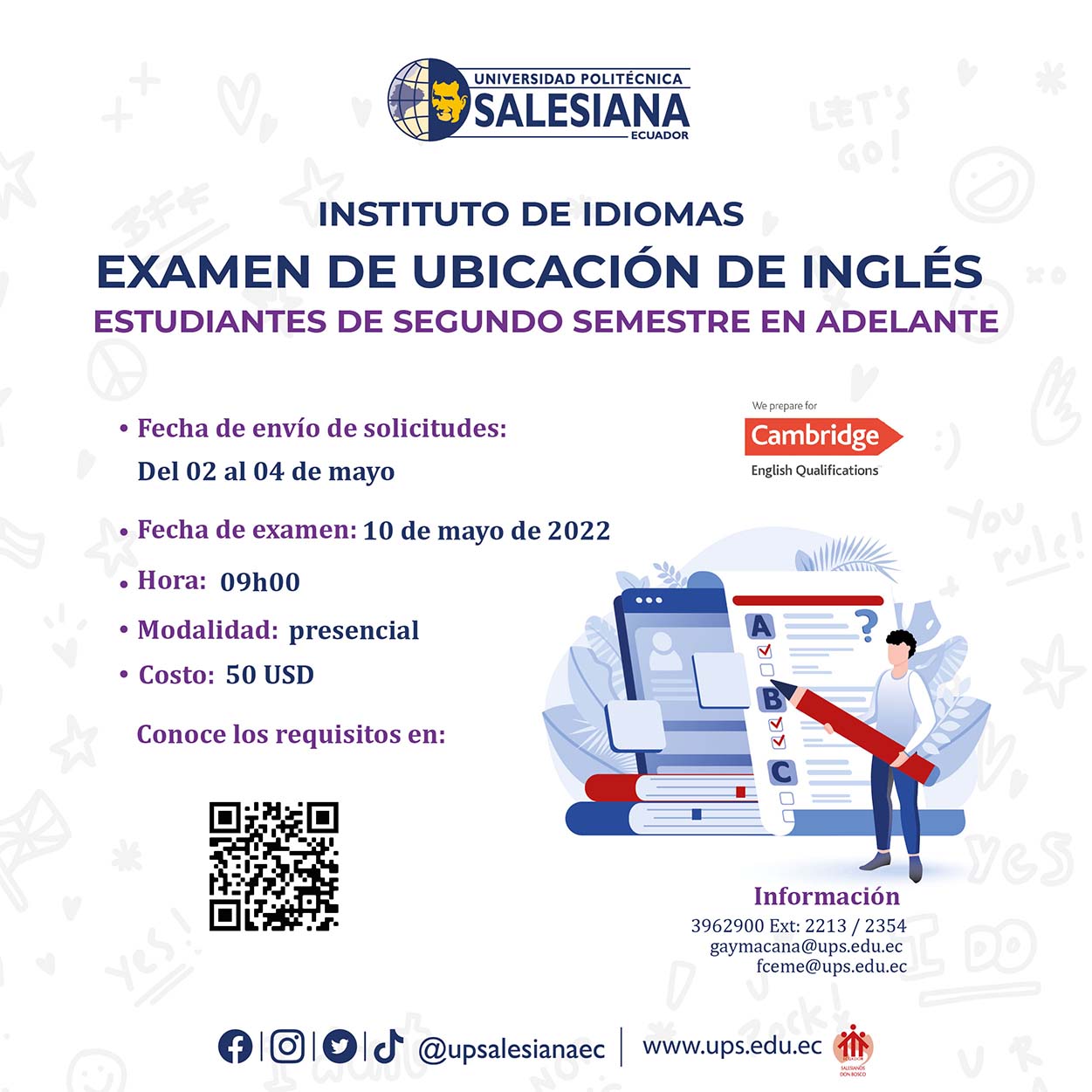 Afiche de Examen de ubicación de inglés - sede Quito