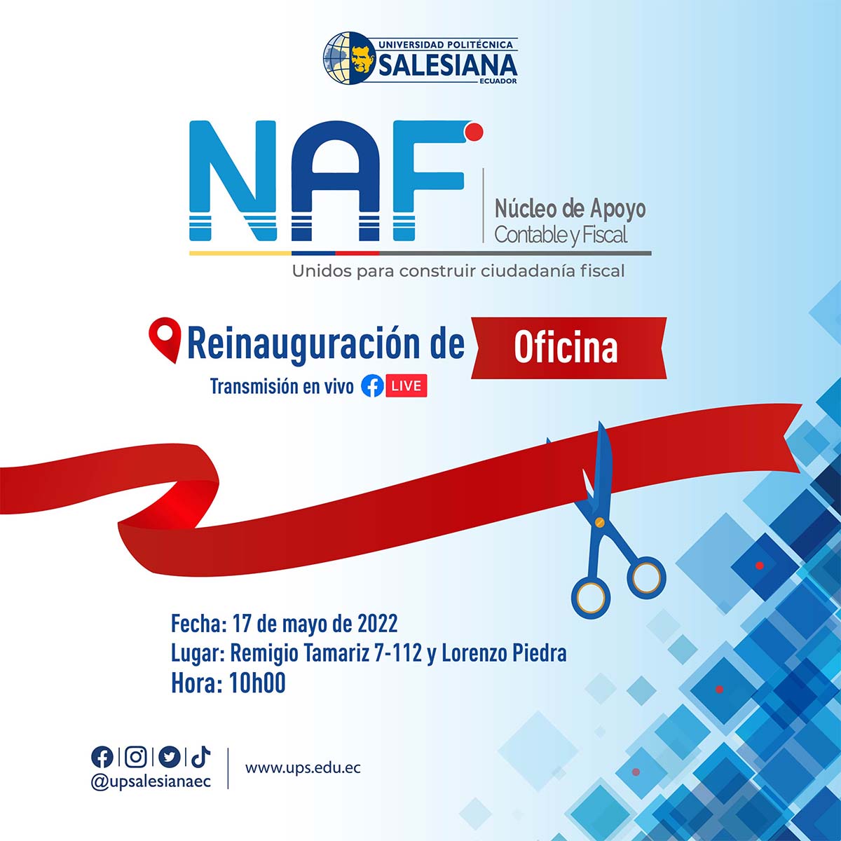 Afiche de la Reinauguración de la oficina del Núcleo de Apoyo Contable y Fiscal (NAF)