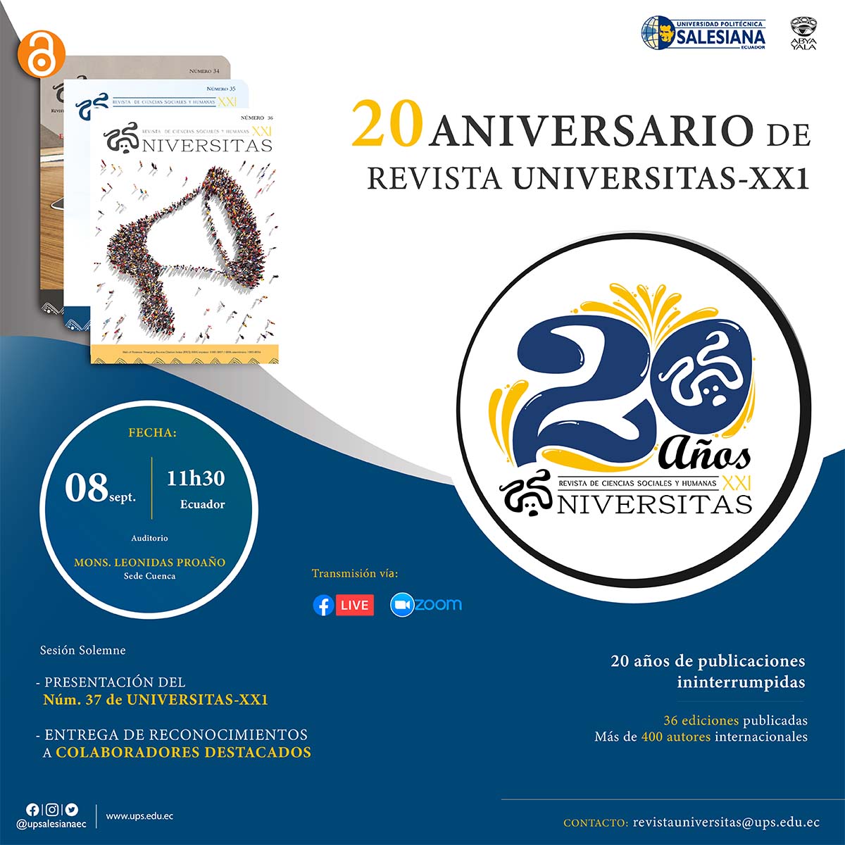 Afiche promocional del 20 Aniversario de Universitas - XXI: Revista de Ciencias Sociales y Humanas