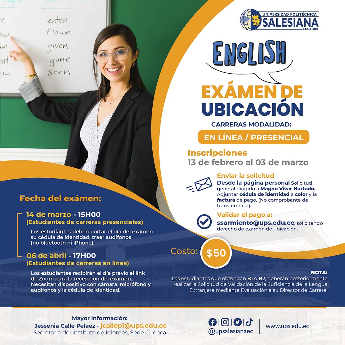 Afiche promocional del Examen de Ubicación de Inglés - sede Cuenca