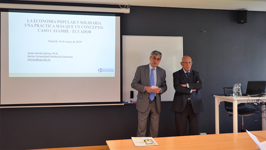 (derecha) P. Javier Herrán, rector de La Salesiana, en su conferencia en la Escuela Organización Industrial de España (EOI) en compañía de Adolfo Cazorla, director general de EOI