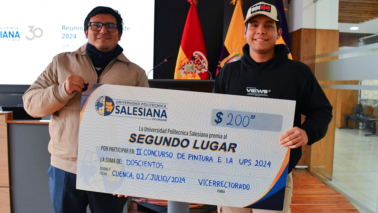 P. Luis Ángel Banegas junto al Dr. Andrés Cordero ganador del 2do lugar en el concurso de pintura