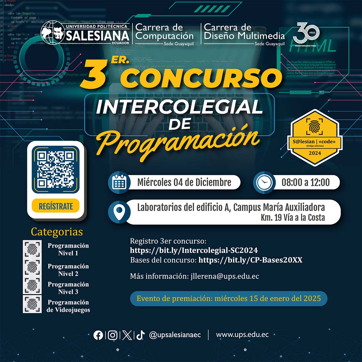 Afiche del 3° Concurso intercolegial de programación Salesian Code 2024