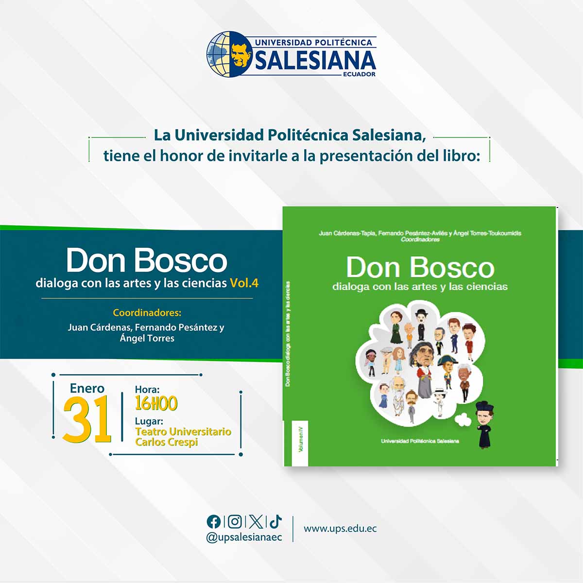 Afiche del Lanzamiento del libro: Don Bosco dialoga con las Artes y las Ciencias