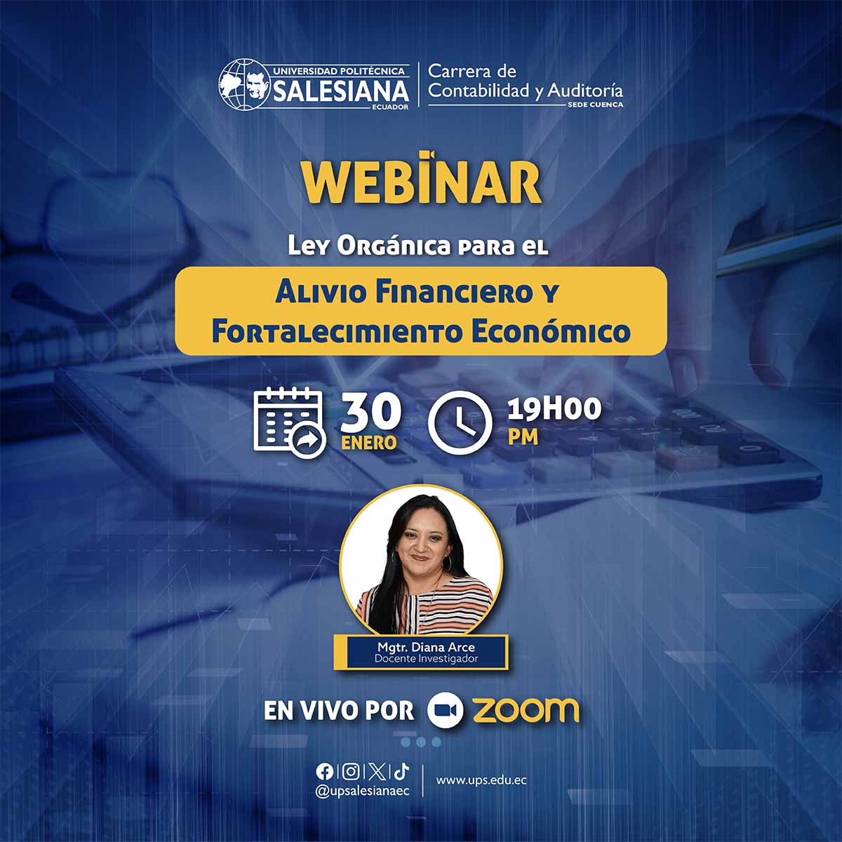 Afiche del Webinar: Ley Orgánica para el Alivio Financiero y Fortalecimiento Económico